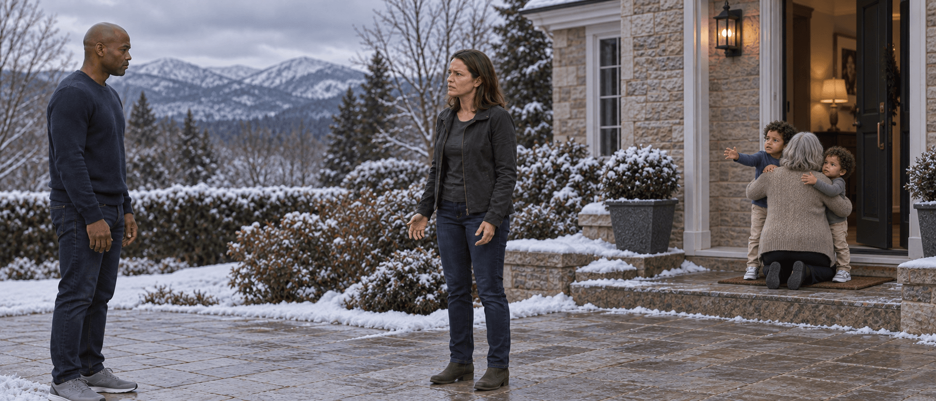 Dave and Marlene face each other outside their snowy home as their family watches from the doorway